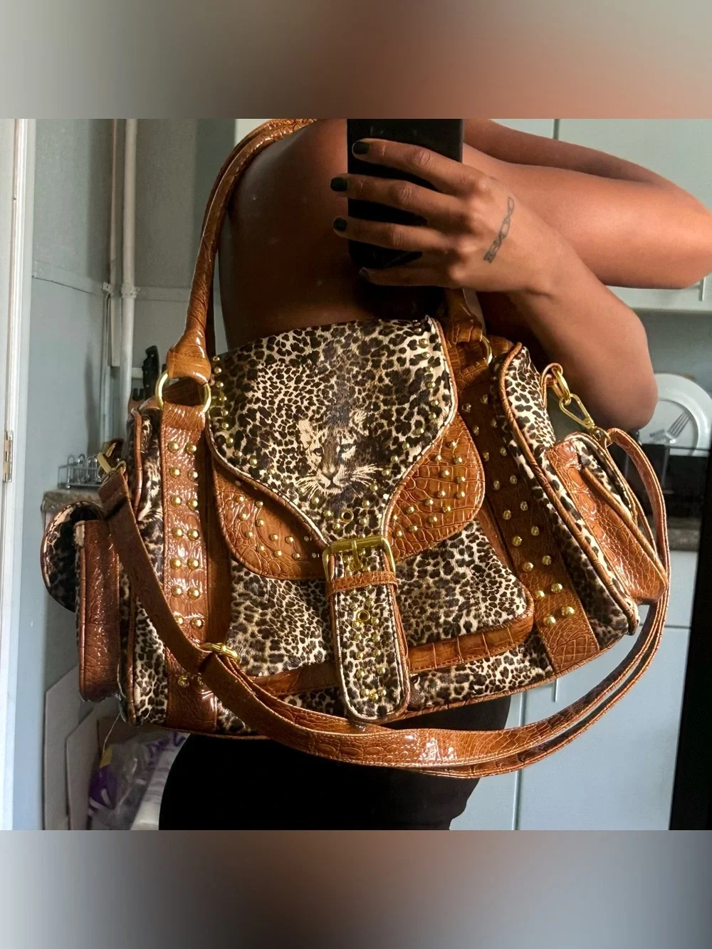 Leopard Print and Brown Studded Satchel Handbag